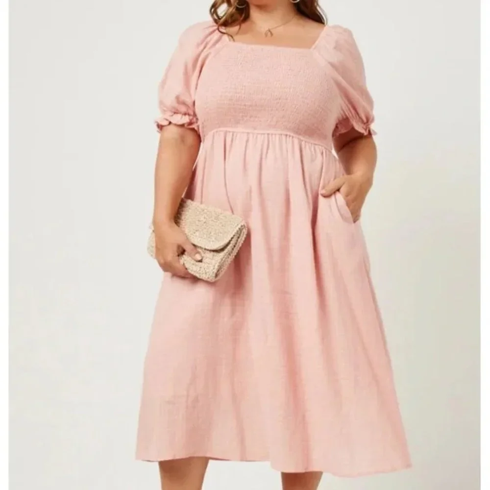 Smocked Bodice Puff Sleeve Midi Dress NWT Women's and Plus Sizes Available - Picture 4 of 6
